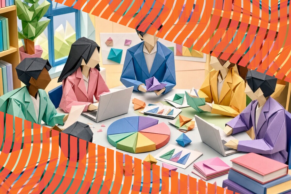 Illustration of students and university staff reviewing assessment guidance and student comments about generative AI
