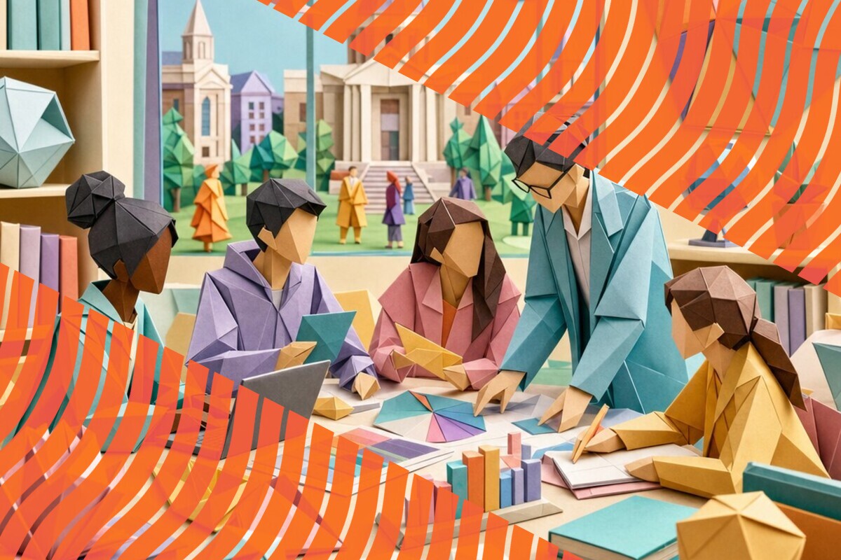 Illustration of students and university staff discussing community belonging and feedback