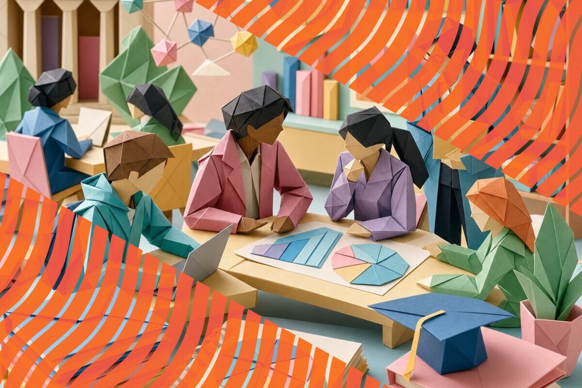 Illustration of students and university staff discussing engagement data alongside student feedback