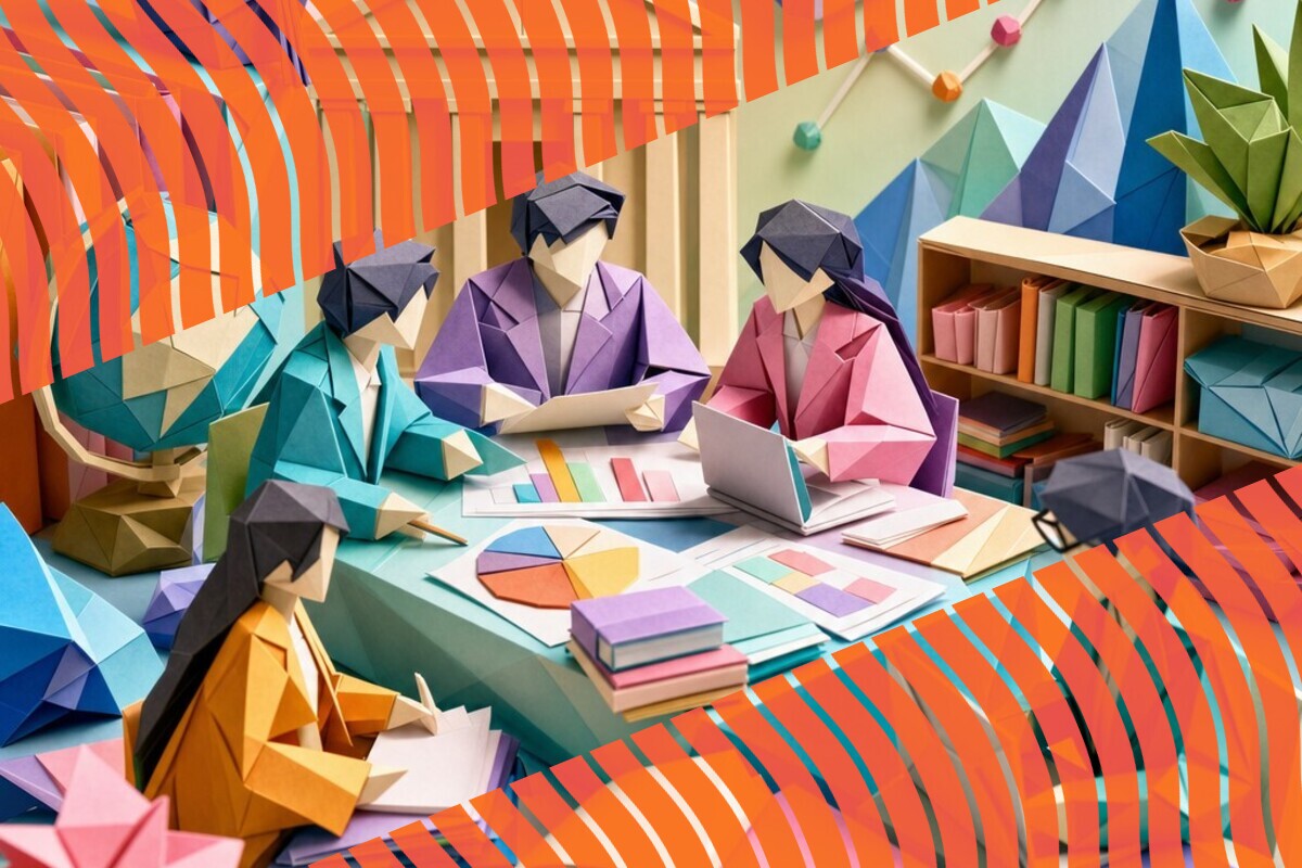 Illustration of a quality team connecting student survey findings with a quality plan and supporting records
